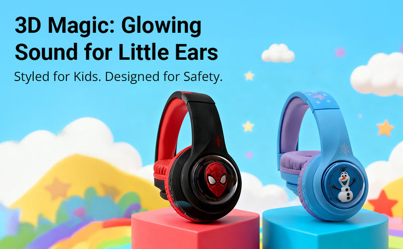 MYANT Disney Frozen 3D and Spider-Man Bluetooth headphones with glowing LED sound and safe audio design for children