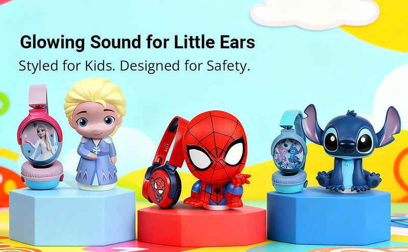 Kids character + Bluetooth headphones combo gift set with Frozen, Spider-Man and Stitch designs featuring safe glowing sound