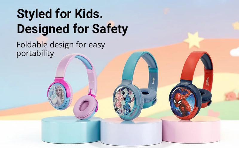 Disney Frozen, Disney Stitch, and Marvel Spider-Man kids foldable Bluetooth headphones on display