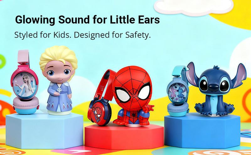 Kids character + Bluetooth headphones combo gift set with Frozen, Spider-Man and Stitch designs featuring safe glowing sound