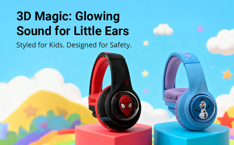 MYANT Disney Frozen 3D and Spider-Man Bluetooth headphones with glowing LED sound and safe audio design for children