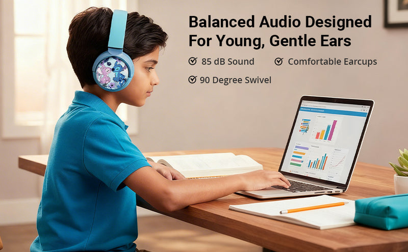 Boy using Stitch Kids Headphones with Swivel Cups for safe listening and comfortable audio for kids