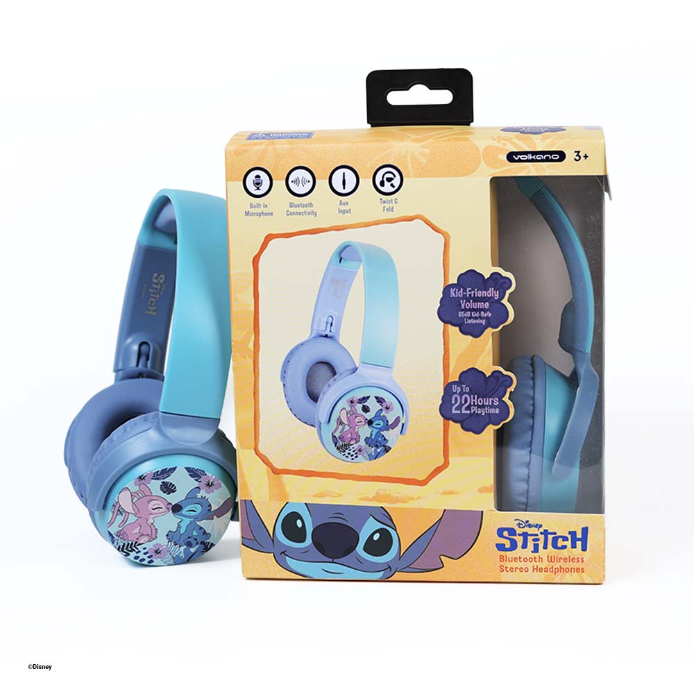 Disney Stitch Bluetooth headphones with packaging box showing wireless stereo headphones design