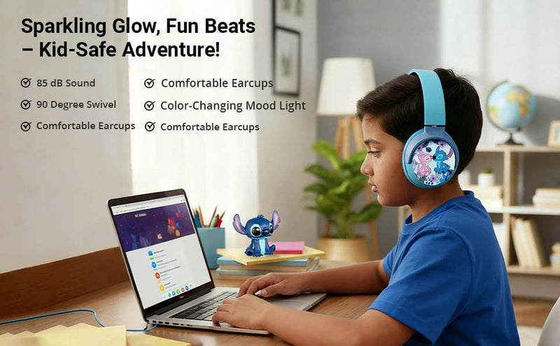 Boy using Disney Stitch Bluetooth headphones with mood light for safe listening and comfortable audio