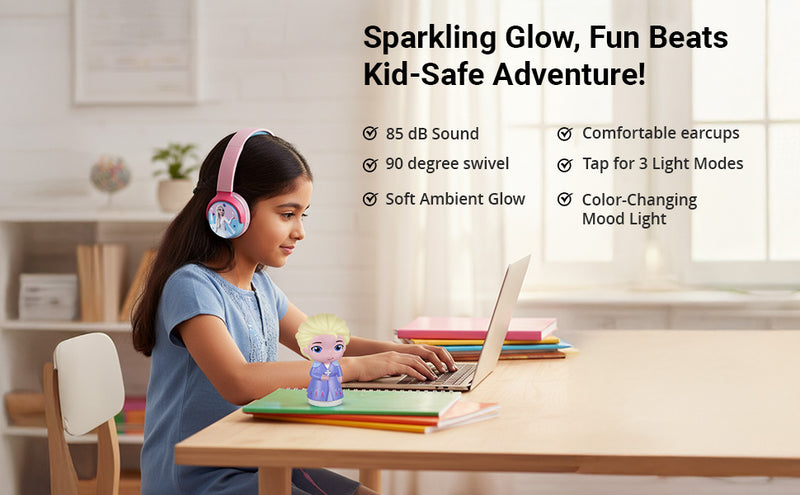 Girl using MYANT Disney Frozen Bluetooth headphones with mood light for safe listening and comfortable audio
