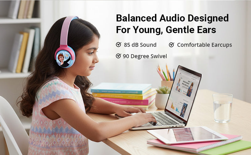 Girl using Disney Frozen Kids Headphones with Swivel Cups for safe 85 dB listening and comfort