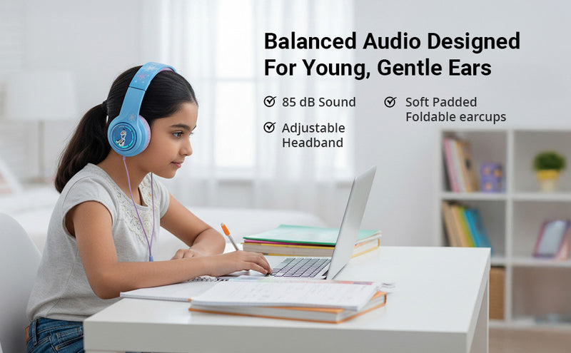 Girl using Disney Frozen 3D Kids Headphones for safe listening, adjustable headband and soft earcups