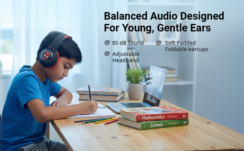 Boy using Marvel Spider-Man headphones for safe listening, adjustable headband and comfortable earcups