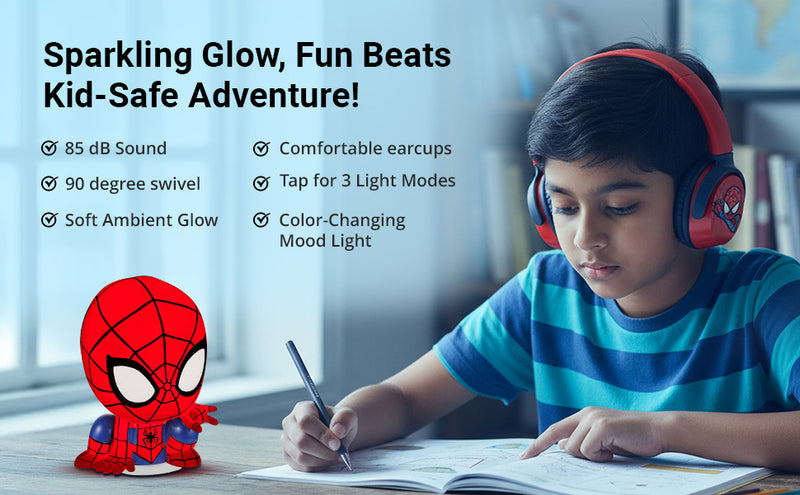 Boy using MYANT Marvel Spider-Man KIds Bluetooth headphones with mood light for safe listening and comfortable audio experience
