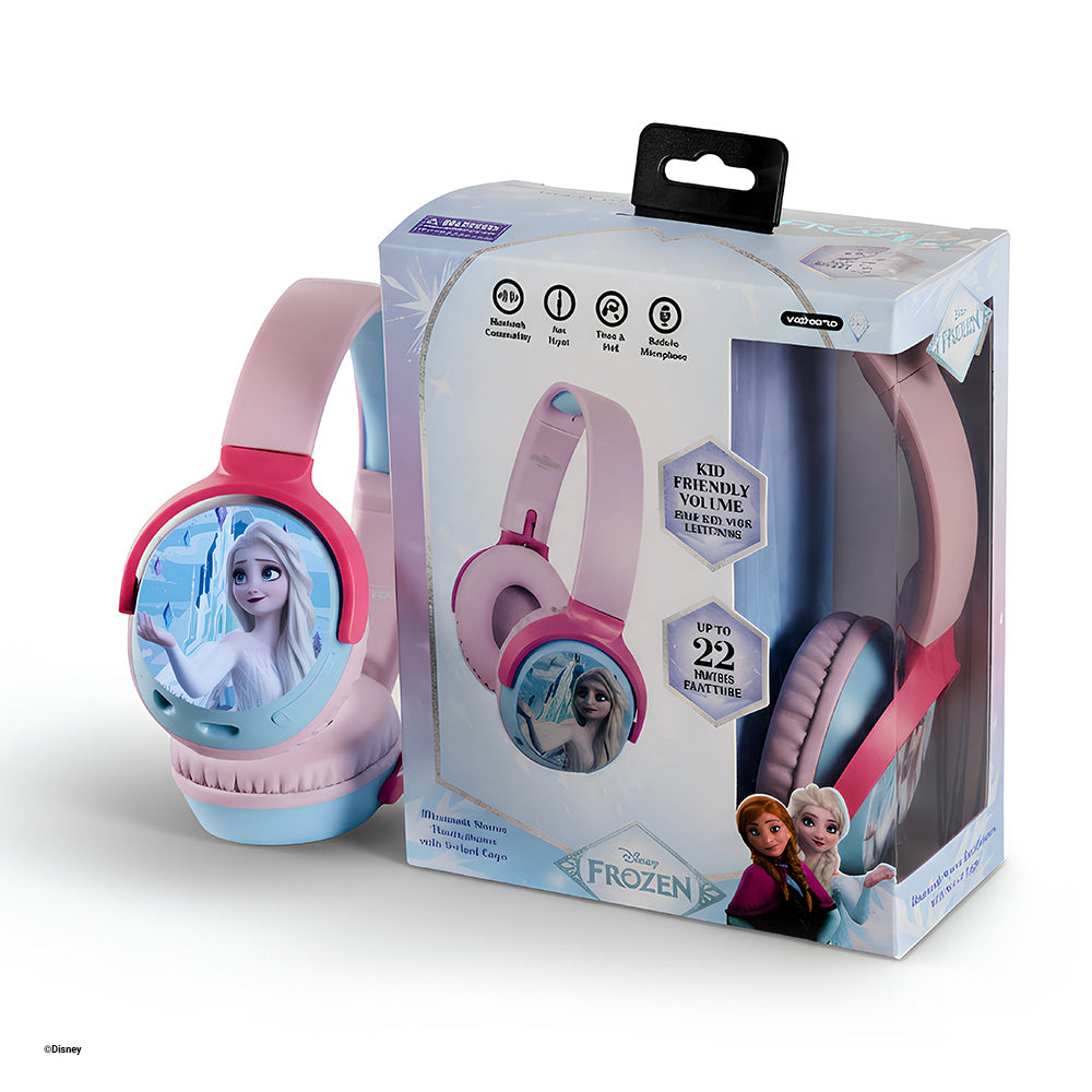 Disney Frozen Bluetooth stereo headphones with premium retail packaging, featuring kid-friendly safe volume, wireless connectivity, and long-lasting battery life.