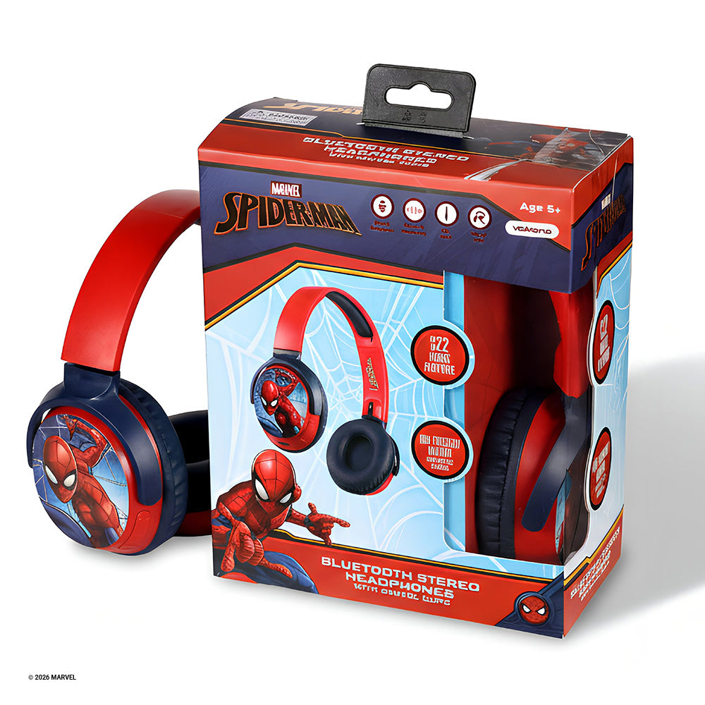 MYANT India Marvel Spider-Man Bluetooth stereo headphones with retail packaging, featuring kid-friendly wireless design, foldable earcups, and long battery life.