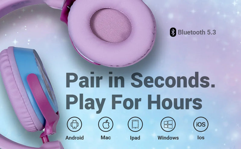 Disney Frozen Bluetooth headphones with Bluetooth 5.3 fast pairing, wireless connectivity and multi-device support for kids