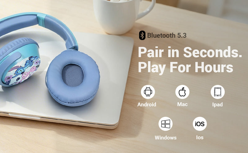 Disney Stitch Kids Headphones with Swivel Cups Bluetooth 5.3 fast pairing and wireless headphones for kids with multi-device support