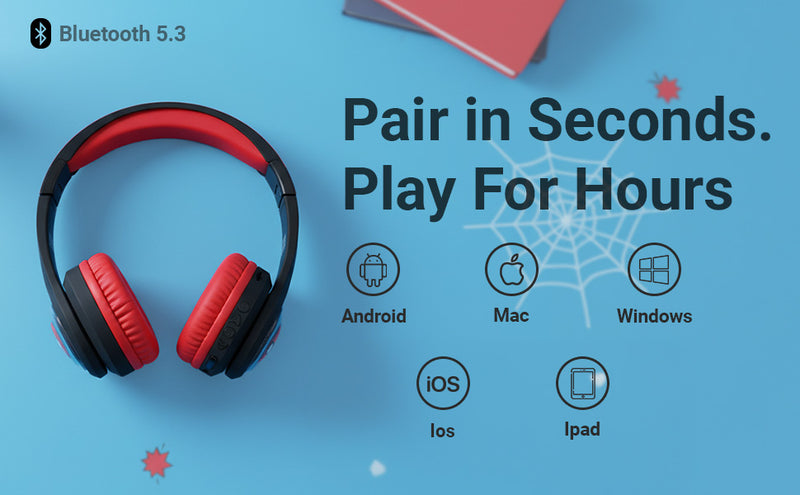 Marvel Spider-Man Kids Bluetooth headphones with fast pairing, wireless connectivity and multi-device support
