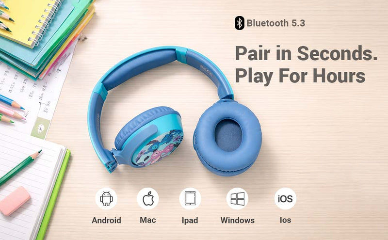 MYANT Disney Stitch Kids Bluetooth headphones with Bluetooth 5.3 fast pairing wireless headphones with multi-device support