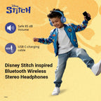 Boy using Disney Stitch Bluetooth wireless headphones with safe 85 dB volume and USB C charging