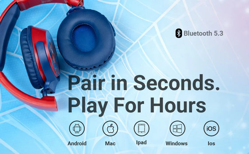 Marvel Spider-Man Bluetooth headphones with swivel cups featuring Bluetooth 5.3 fast pairing, wireless connectivity and multi-device compatibility for kids