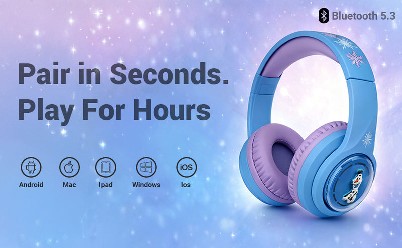 Disney Frozen 3D Bluetooth 5.3 wireless headphones for kids with fast pairing and multi-device compatibility