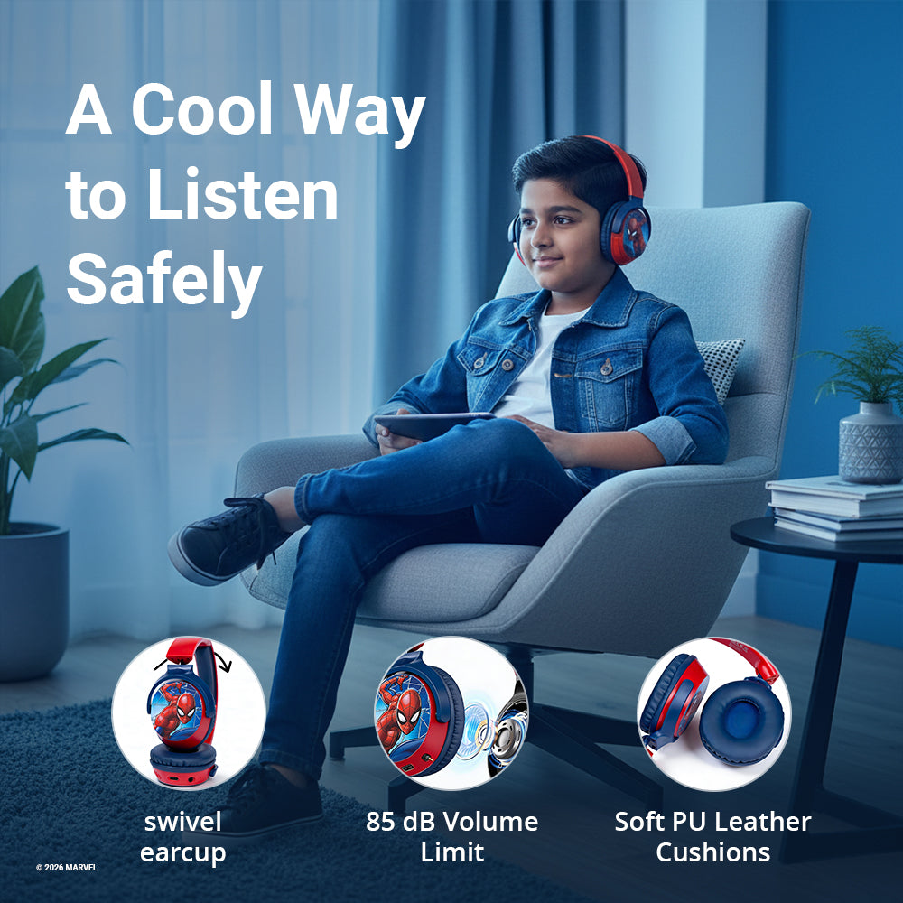 Young boy using Marvel Spider-Man wireless headphones safely indoors, featuring swivel earcups, 85 dB safe volume limit, and soft PU leather cushions.