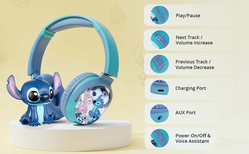 MYANT Disney Stitch Bluetooth headphones for Kids with control buttons, AUX port and kid-friendly wireless audio design