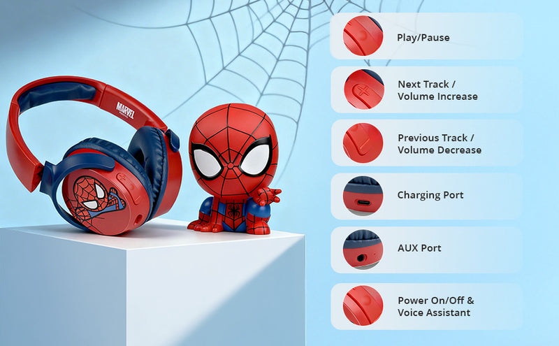 Marvel Spider-Man headphones with Spider-Man character design, control buttons, AUX port and easy-to-use features