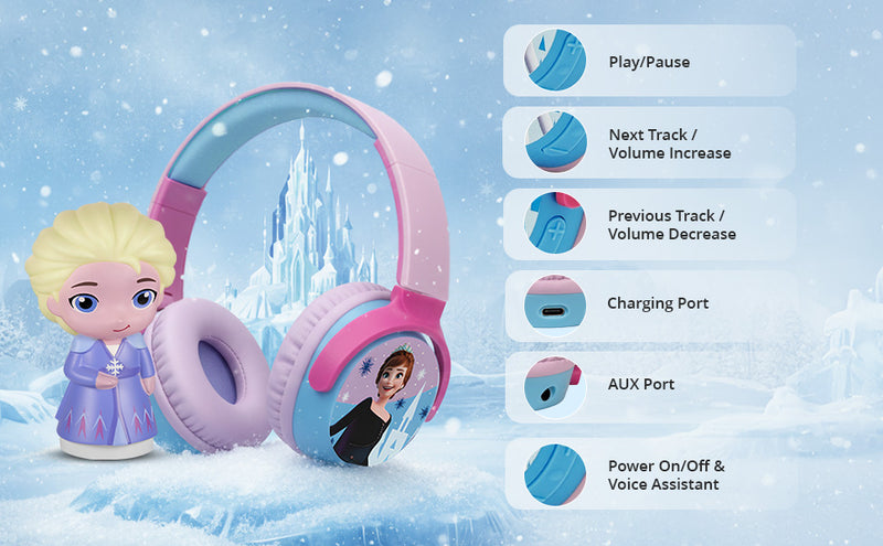 Disney Frozen Bluetooth headphones for childrens with mood light showing control buttons, AUX port and kid-friendly design