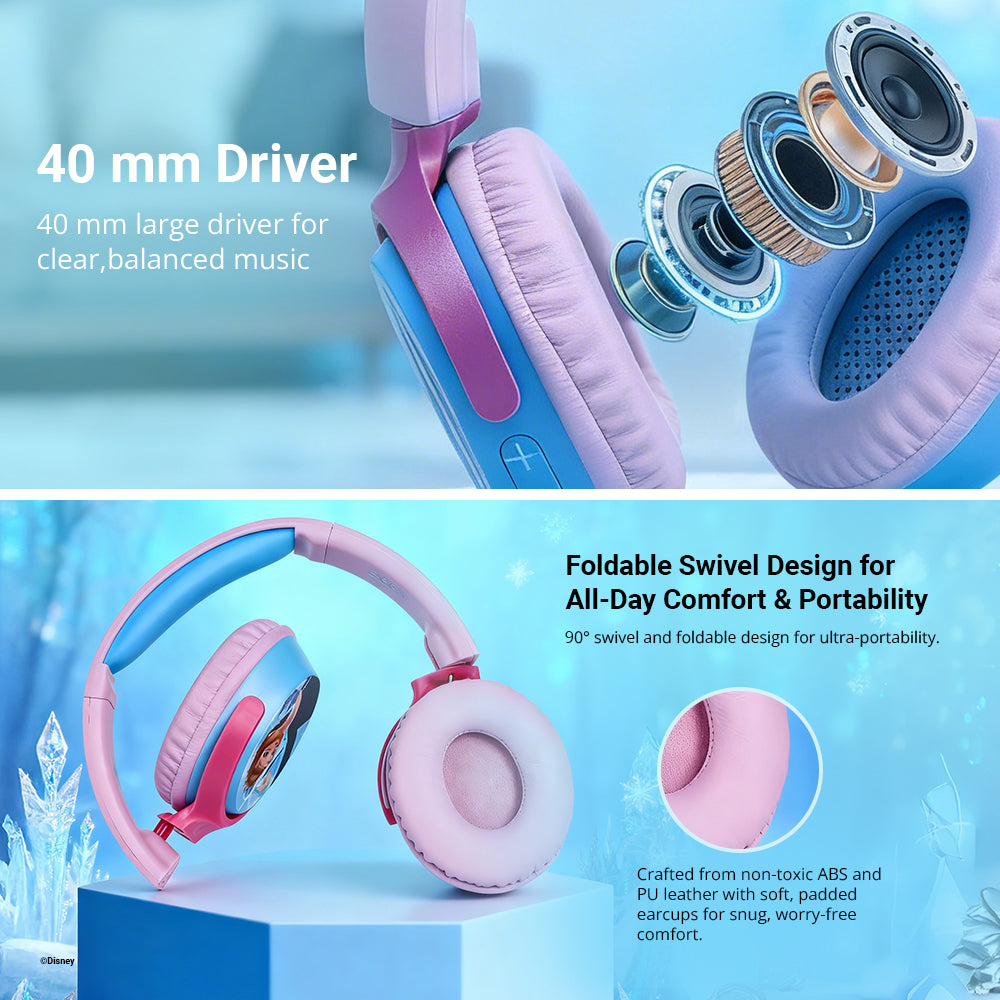 Disney Frozen Bluetooth headphones featuring 40 mm drivers, foldable swivel earcups, and soft PU leather cushions for comfortable all-day listening.