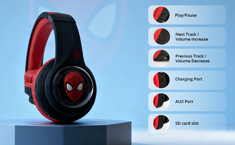MYANT Spider-Man headphones for Kids with control buttons, AUX port, SD card slot and easy-to-use design