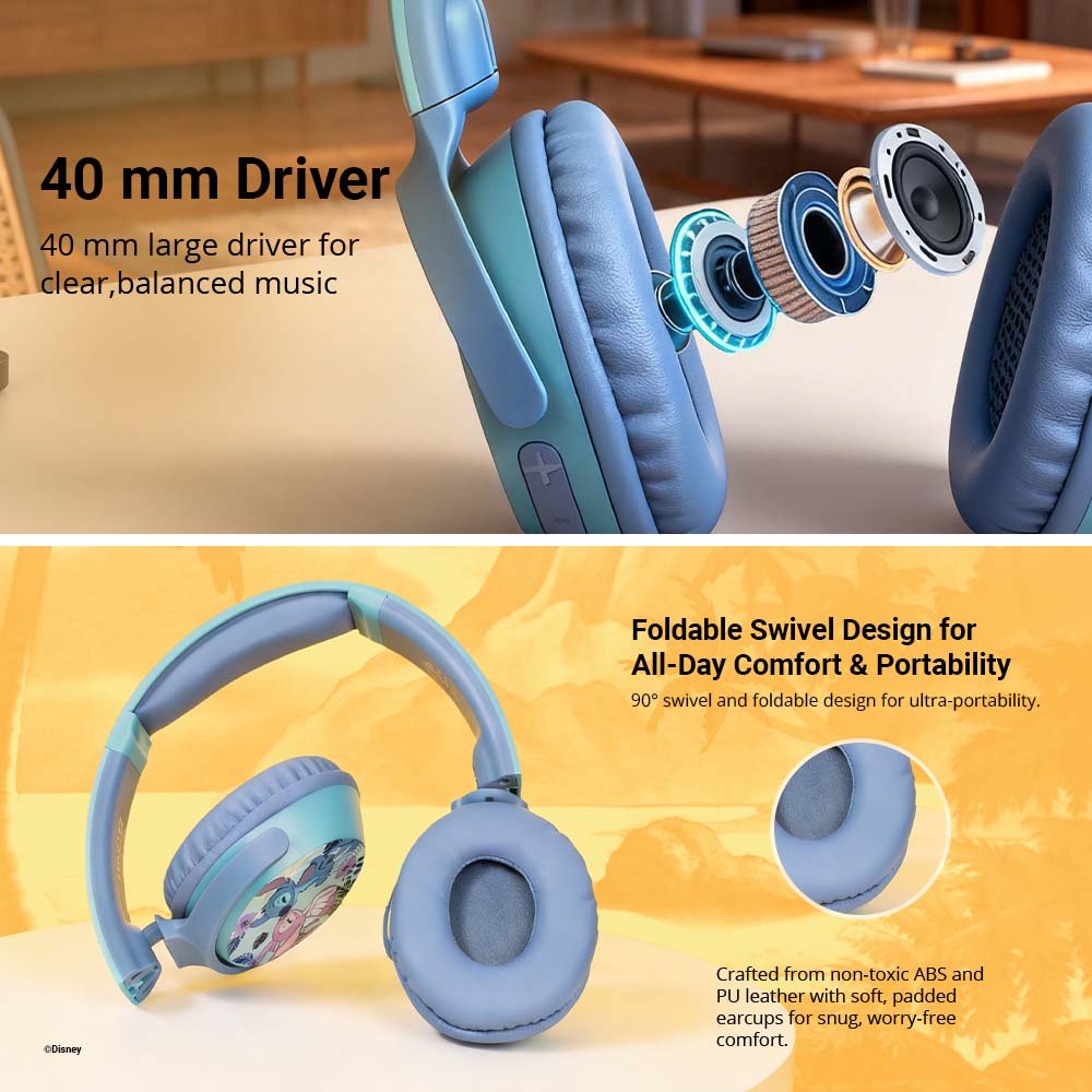 Disney Stitch headphones with 40 mm driver for clear sound and foldable swivel design for comfort
