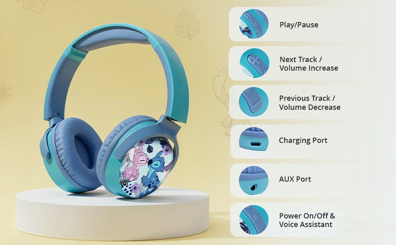 Disney Stitch Cute Kids Headphones with Swivel Cups with control buttons, AUX and charging port, wireless headphones for kids design