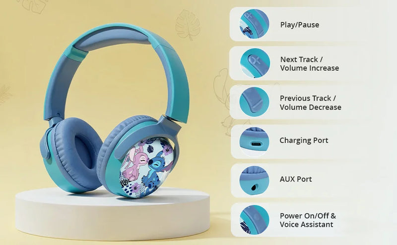 Disney Stitch Bluetooth headphones with swivel cups showing Play/Pause, Volume, Charging, AUX, and Voice Assistant controls
