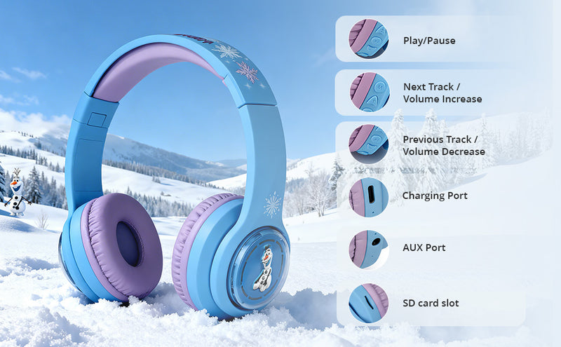Disney Frozen 3D Kids Headphones with control buttons, AUX port, SD card slot and kid-friendly design