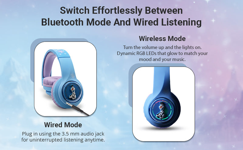 Disney Frozen 3D Kids Headphones showing wired and wireless Bluetooth modes with RGB LED lights for kids