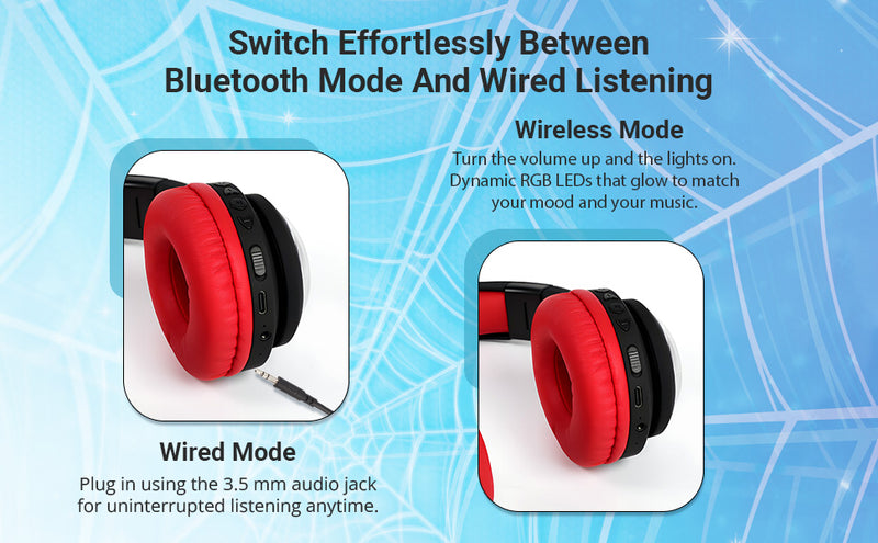 Marvel Spider-Man Bluetooth headphones showing wired and wireless modes with RGB LED lighting and AUX connectivity