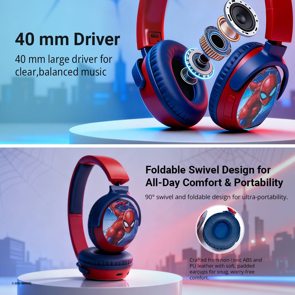 Close-up of Marvel Spider-Man Bluetooth headphones featuring 40 mm drivers for balanced sound, foldable swivel earcups, and soft PU leather cushions for kids’ comfort.