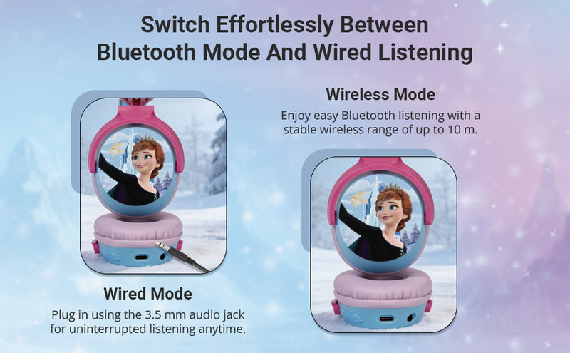 Disney Frozen Kids Headphones with Swivel Cups showing wired and wireless modes