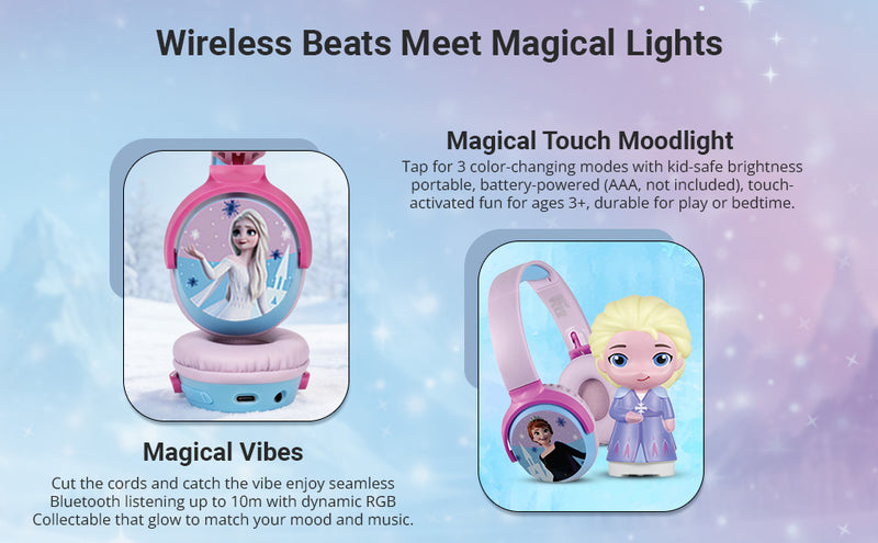 Disney Frozen Bluetooth headphones with mood light gift set featuring wireless audio and LED light toy for kids
