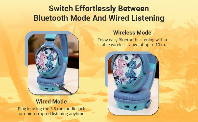 Disney Stitch Kids Headphones with Swivel Cups showing wired and wireless Bluetooth listening modes for kids