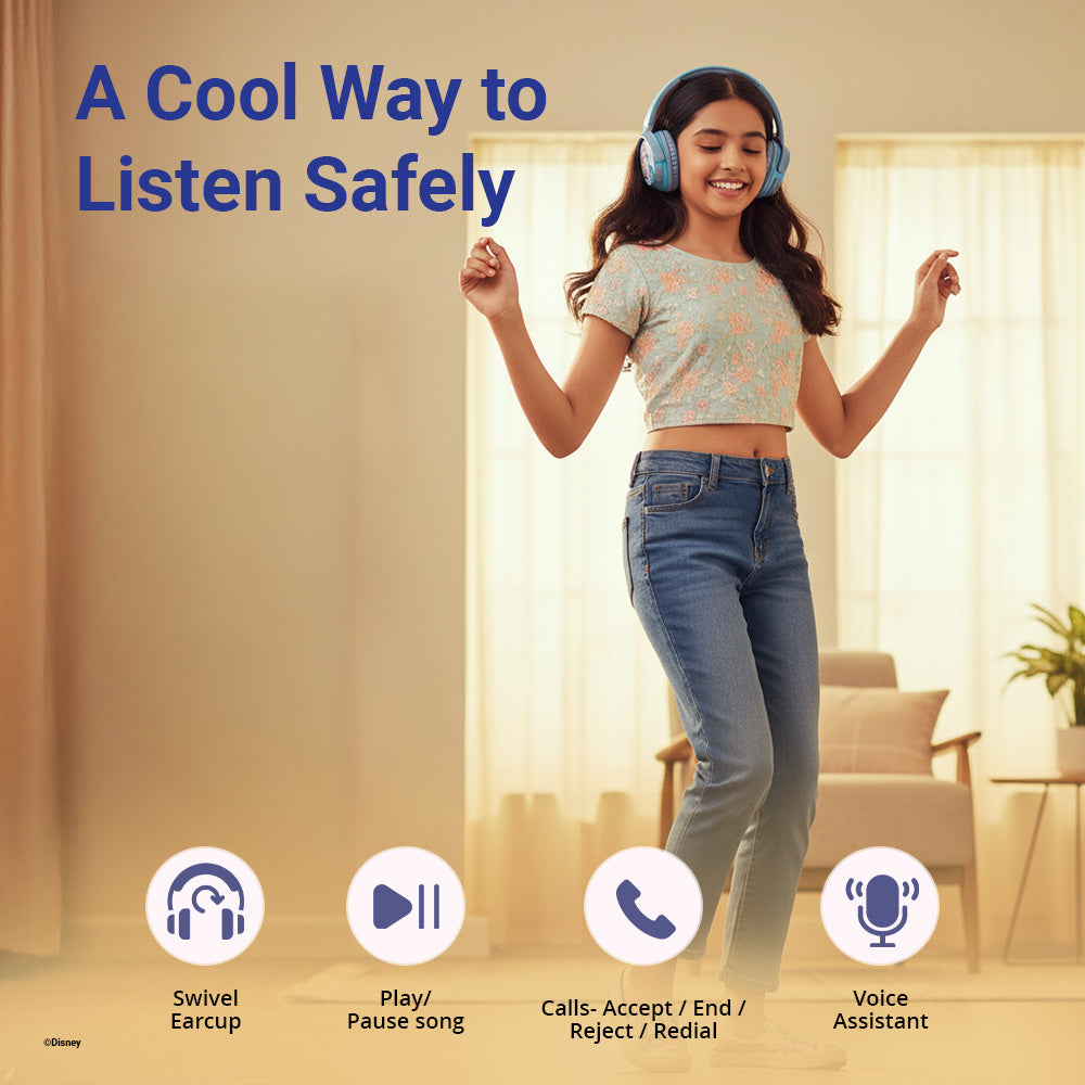 Girl enjoying music with Disney Stitch wireless headphones with safe listening and voice assistant support