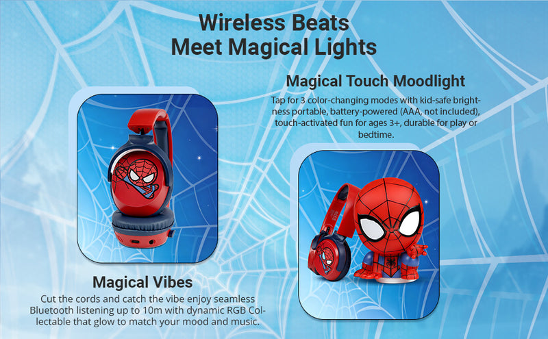 Marvel Spider-Man Bluetooth headphones with mood light gift set featuring wireless audio and LED light toy