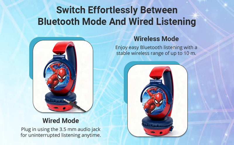 Marvel Spider-Man Bluetooth headphones with swivel cups showing wired and wireless listening modes with Bluetooth connectivity and 3.5 mm audio jack support for kids
