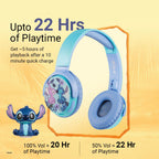 Disney Stitch inspired Bluetooth wireless headphones with up to 22 hours battery life, quick charging support, and kid-safe listening features.