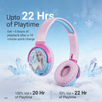Disney Frozen wireless stereo headphones with up to 22 hours playtime, quick charging support, foldable design, and kid-friendly safe listening experience.