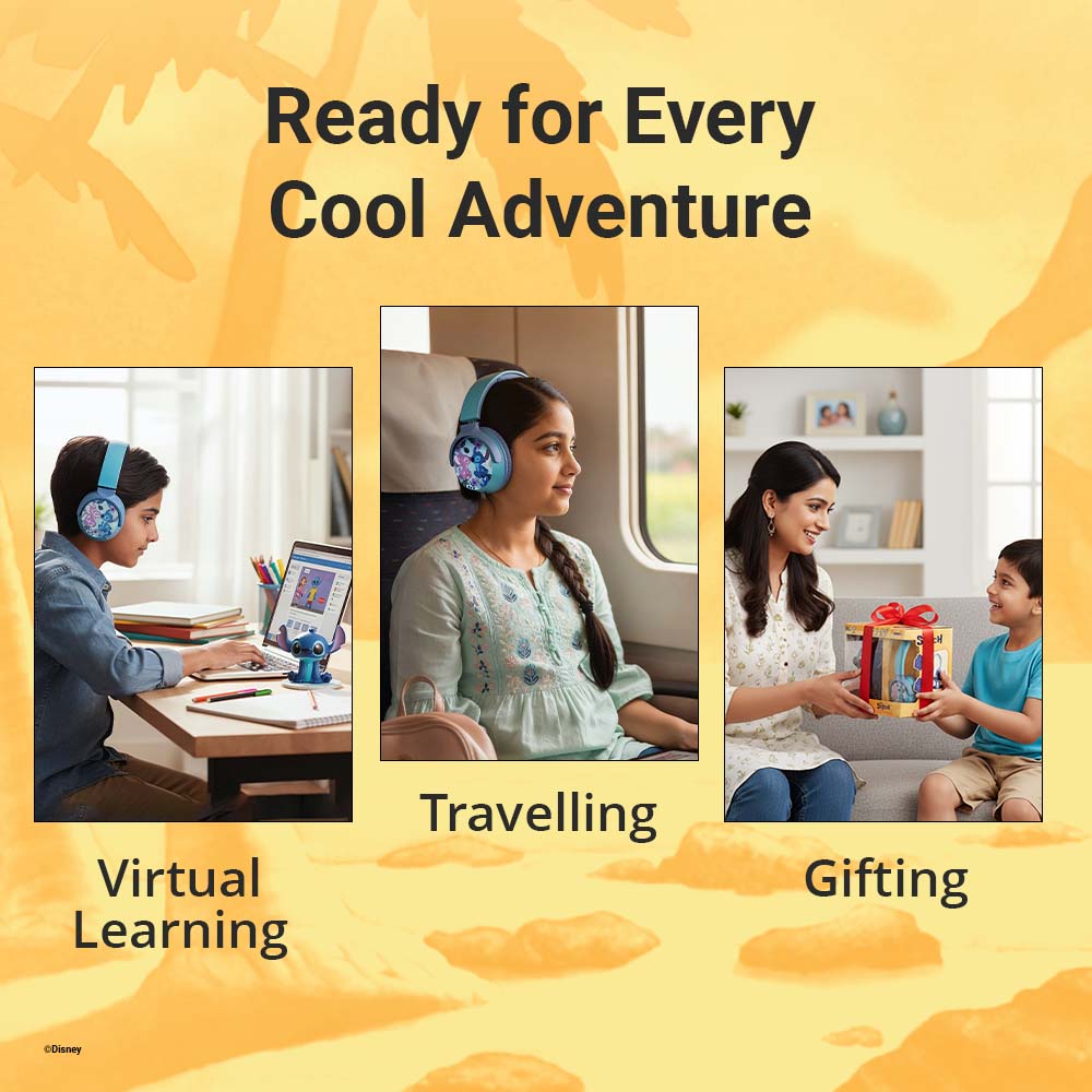Kids using Disney character wireless headphones during virtual learning, travelling, and gifting moments, designed for comfortable everyday entertainment.