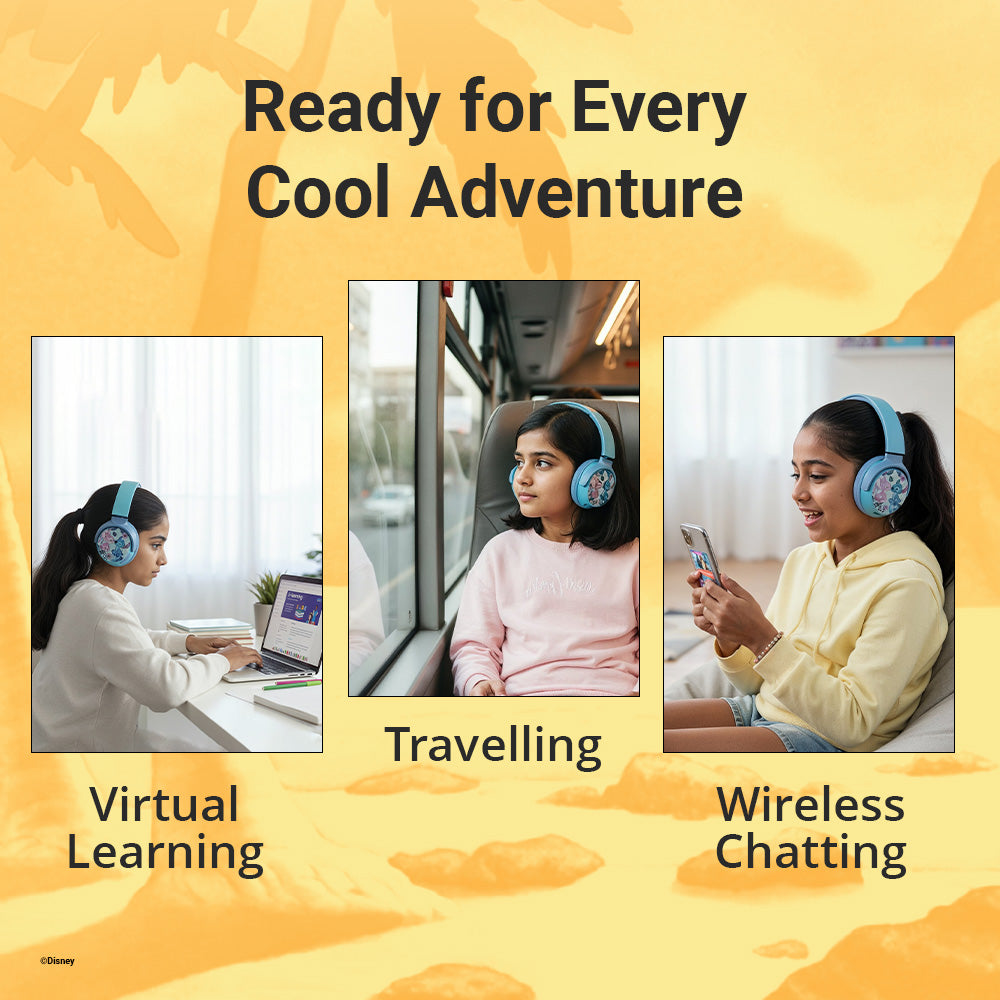 Kids using Disney Stitch Bluetooth headphones for virtual learning, travel and wireless chatting