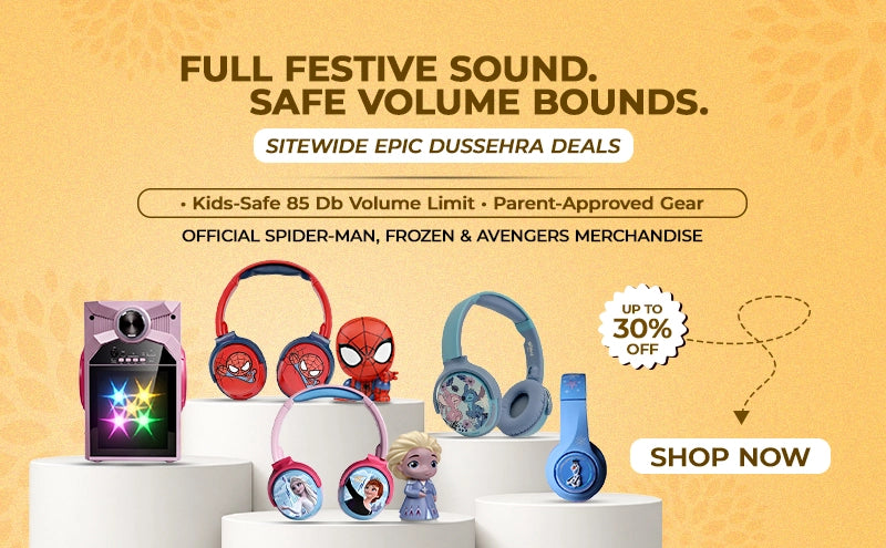 MYANT Dussehra sale banner featuring Marvel and Disney headphones and karaoke speaker with up to 30% off