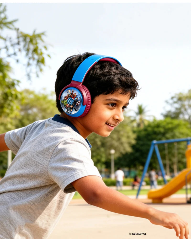 Boy using Marvel Avengers Bluetooth headphones with swivel cups outdoors, 1:1 ratio, wireless headphones for kids active use