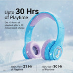 Blue and purple kids headphones on snowy background showing up to 30 hours of playtime at 50% volume and 21 hours at full volume, Bluetooth 5.3, quick 10-minute charge