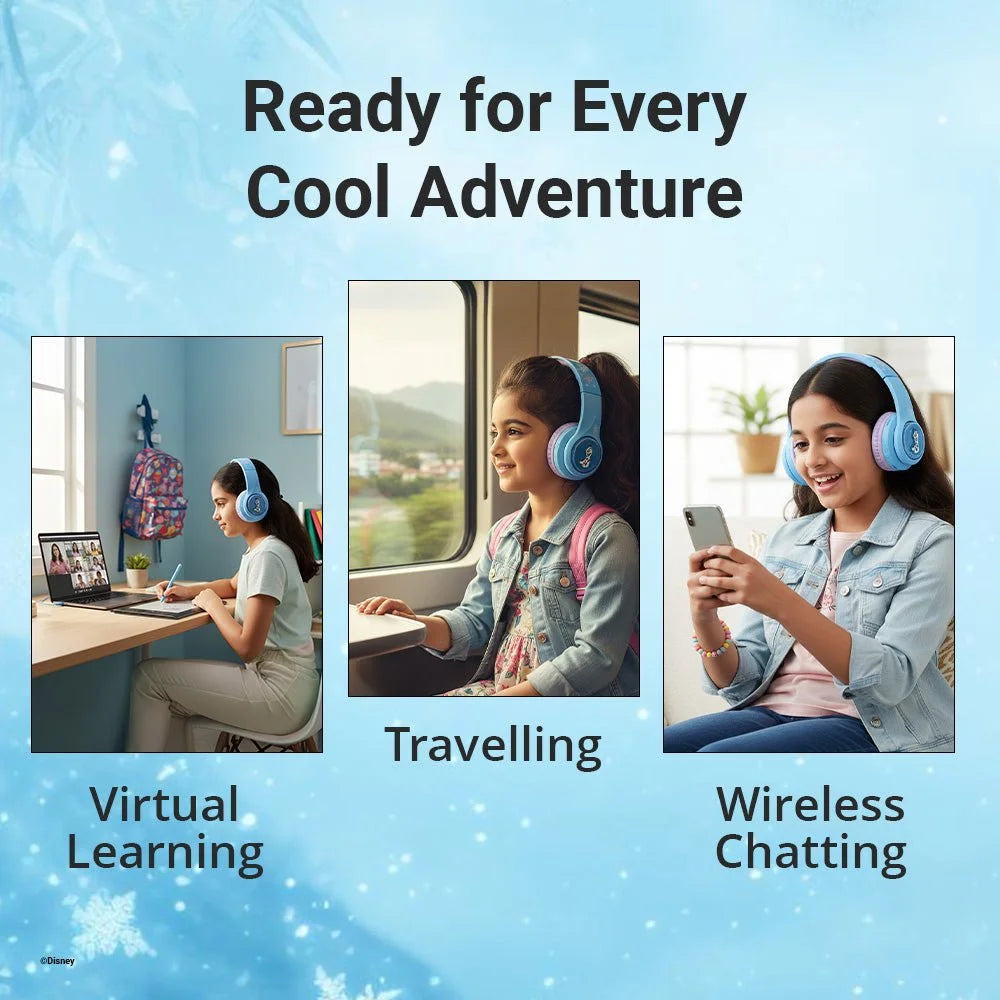Girls using Disney headphones for virtual learning, traveling, and wireless chatting