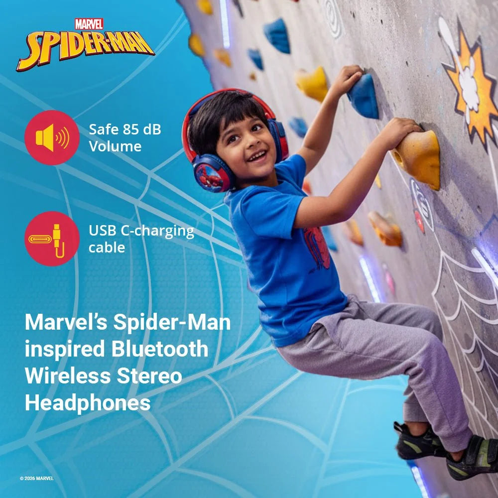 Boy wearing Marvel Spider-Man Bluetooth headphones climbing wall, safe 85 dB volume, USB-C charging